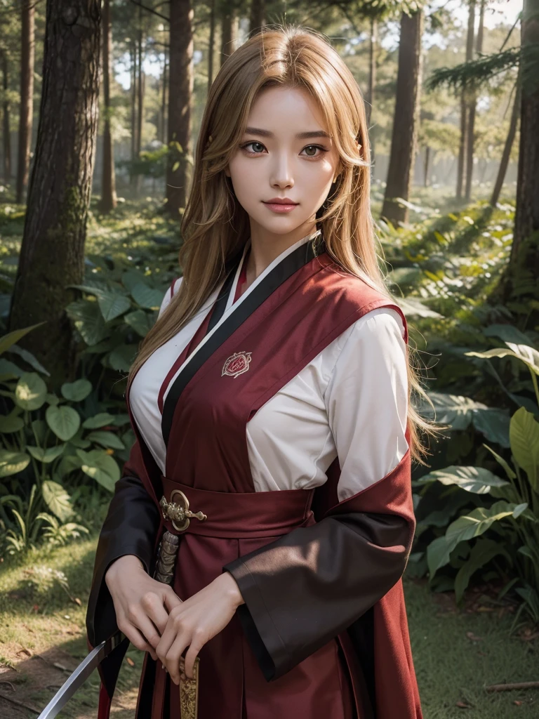 A beautiful young woman with short light brown-blonde hair and a mix of blonde and brown eyes, wearing the standard Demon Slayer Corps uniform. She has a red haori with a pattern on it, and a large plus-shaped scar in the middle of her forehead, with bangs covering it. She has an elegant and kind expression, embodying the Demon Slayer art style. The woman is standing in a peaceful, daytime forest, holding a katana sword. She shines like a diamond, radiating an ethereal beauty. (best quality,4k,8k,highres,masterpiece:1.2),ultra-detailed,(realistic,photorealistic,photo-realistic:1.37),1girl,beautiful detailed eyes,beautiful detailed lips,extremely detailed eyes and face,longeyelashes,demon slayer uniform,red haori,plus-shaped scar,forest,katana sword,elegant,kind,demon slayer art style,shining,diamond-like,anime,demon slayer art style,smile