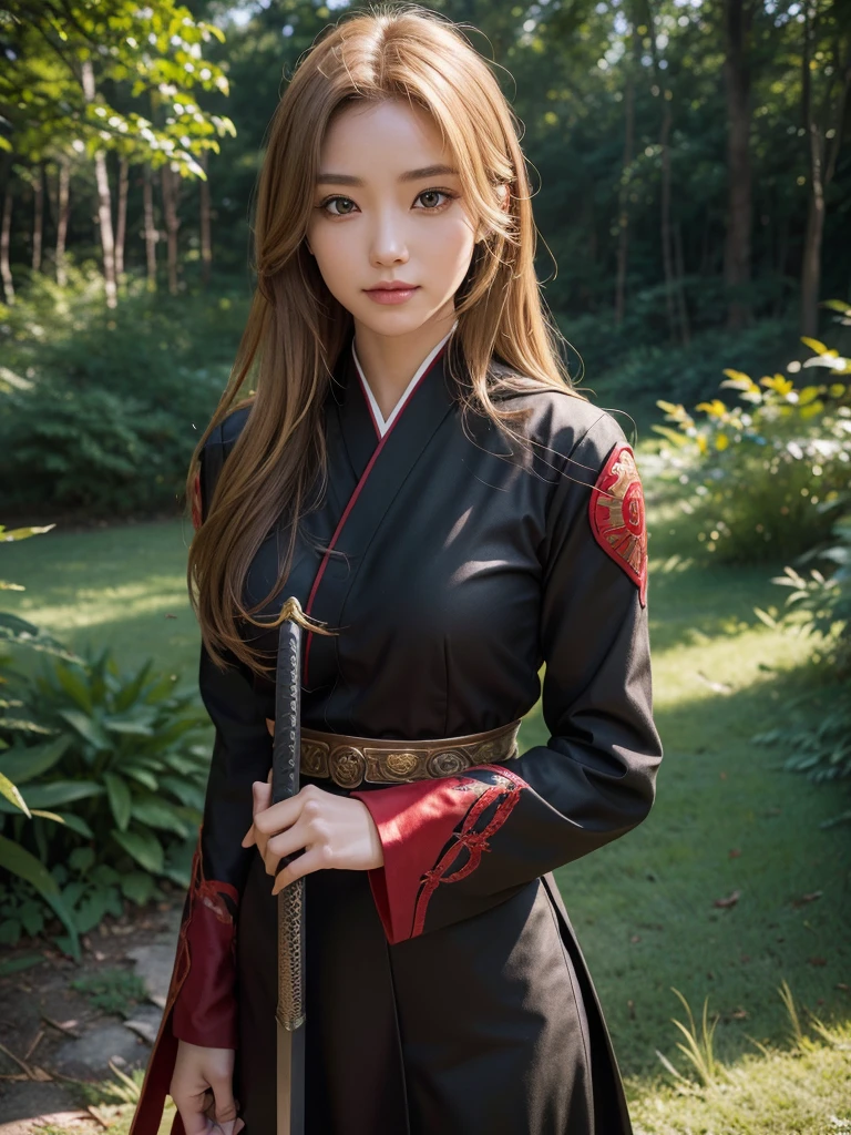 A beautiful young woman with short light brown-blonde hair and a mix of blonde and brown eyes, wearing the standard Demon Slayer Corps uniform. She has a red haori with a pattern on it, and a large plus-shaped scar in the middle of her forehead, with bangs covering it. She has an elegant and kind expression, embodying the Demon Slayer art style. The woman is standing in a peaceful, daytime forest, holding a katana sword. She shines like a diamond, radiating an ethereal beauty. (best quality,4k,8k,highres,masterpiece:1.2),ultra-detailed,(realistic,photorealistic,photo-realistic:1.37),1girl,beautiful detailed eyes,beautiful detailed lips,extremely detailed eyes and face,longeyelashes,demon slayer uniform,red haori,plus-shaped scar,forest,katana sword,elegant,kind,demon slayer art style,shining,diamond-like,anime,demon slayer art style,smile