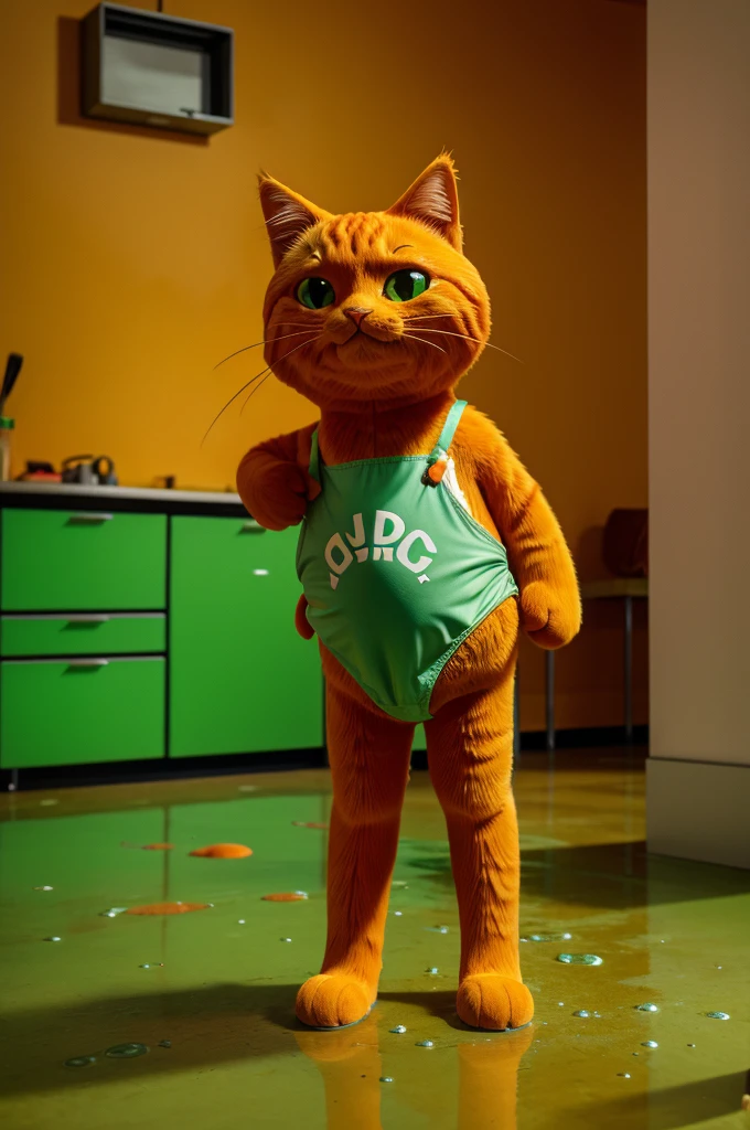 Ultra HD image shows a cartoon orange cat with a diaper that is leaking green gooey substance, standing on a floor with a table in the background.