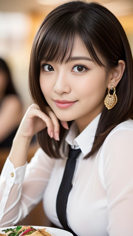 (masterpiece)、(Highest quality:1.5)、(Photorealistic:1.2)、(Surreal), (High resolution), (Realistic), (Post-processing),(Sharp focus), Sharp focus:1.2,Backlight, (Improvement of quality:1.4), (Narrow waist)、Big Ass、((Perfectly detailed five-fingered hands)),(Anatomically correct body)、((1 female:1.4))、Japanese、Realistic Skin、(Small chest:1.4)、Bust size is A cup、Pretty woman with perfect figure:1.4,(from the front:1.5), (Enhances the beauty of skin texture:1.1),No makeup、美しいBlack Hair、The best smile、Natural color lip、(Small Mouth:1.4)、The mouth is not open、Thick lips、(Oval Face)、Even bangs、Hide eyebrows with bangs、((33-year-old woman))、Bob Hair、Hair blowing in the wind, (Black Hair, Iris, Watery eyes, Shining Eyes, Bob Cut Hair, Small earrings,), Hair behind the ear、No makeup、(Drooping eyes)、(((One lovely woman)),((A big friendly smile)),(( Small breasts,Small breastsの谷間)),((((Plump Cheeks)))),((whole body:1.5)),very cute,(Baby Face),高級restaurantで、full-course dinner、Wine Party、Bright image、The beauty of wine, Beautiful Face, red wine 、Appetizers、Italian food、Wine bottle、Champagne、sparkling wine、(slimな顔), (The body is slim),restaurant, White wine, slim, wine glass, 中央に置かれたwine glass, Beautiful fine grain, Depth f/2,saturation, High Contrast, Strong light and shadow,Moist Body:1.5、3D texture、Delicate eyes、((In front of the food on the table:1.5))、White collar shirt and tie、erious expression、Operating a smartphone、
