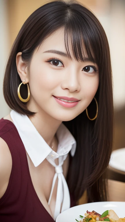 (masterpiece)、(Highest quality:1.5)、(Photorealistic:1.2)、(Surreal), (High resolution), (Realistic), (Post-processing),(Sharp focus), Sharp focus:1.2,Backlight, (Improvement of quality:1.4), (Narrow waist)、Big Ass、((Perfectly detailed five-fingered hands)),(Anatomically correct body)、((1 female:1.4))、Japanese、Realistic Skin、(Small chest:1.4)、Bust size is A cup、Pretty woman with perfect figure:1.4,(from the front:1.5), (Enhances the beauty of skin texture:1.1),No makeup、美しいBlack Hair、The best smile、Natural color lip、(Small Mouth:1.4)、The mouth is not open、Thick lips、(Oval Face)、Even bangs、Hide eyebrows with bangs、((33-year-old woman))、Bob Hair、Hair blowing in the wind, (Black Hair, Iris, Watery eyes, Shining Eyes, Bob Cut Hair, Small earrings,), Hair behind the ear、No makeup、(Drooping eyes)、(((One lovely woman)),((A big friendly smile)),(( Small breasts,Small breastsの谷間)),((((Plump Cheeks)))),((whole body:1.5)),very cute,(),高級restaurantで、full-course dinner、Wine Party、Bright image、The beauty of wine, Beautiful Face, red wine 、Appetizers、Italian food、Wine bottle、Champagne、sparkling wine、(slimな顔), (The body is slim),restaurant, White wine, slim, wine glass, 中央に置かれたwine glass, Beautiful fine grain, Depth f/2,saturation, High Contrast, Strong light and shadow,Moist Body:1.5、3D texture、Delicate eyes、((In front of the food on the table:1.5))、White collar shirt and tie、erious expression、Operating a smartphone、