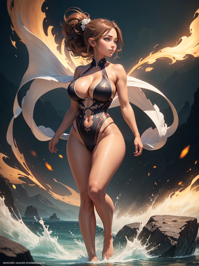 Highly detailed CG unit 8K wallpaper, masterpiece, High resolution, highest quality, highest quality real texture skin, Super Real, Digital Painting, Best image quality, 最High resolution, 8K, (((1 girl))), Very beautiful ager, ((Highly detailed eyes and face)), Beautiful eyes in every detail, (Full Body Shot, profile), competition swimsuit, one-piece swimsuit, cleavage cutout, sideboob, chinese style embroidery, (gigantic breasts, sagging breasts, disproportionate breasts, huge breasts, sagging breasts, curvy, erect nipple, ),((tanned skin)), smile, Strong winds, typhoon, light brown hair,