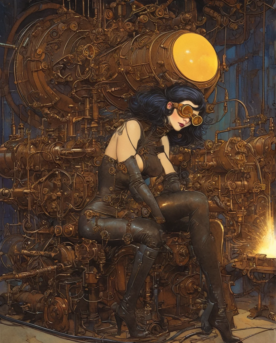 Sexy girl, trapped lost in the labyrinth of industrial machinery mechanism (art inspired by Bill Sienkiewicz). oil painting)