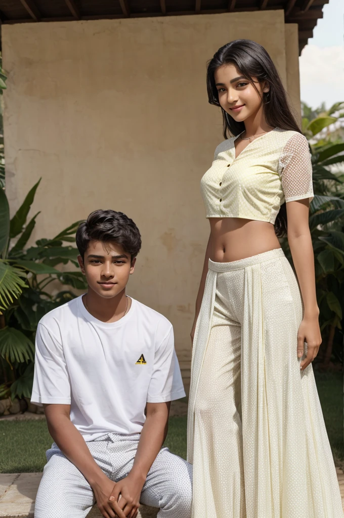 Outside the house, a boy and a girl are standing at some distance in front, the boy is sitting, the girl is standing in front, and has raised one of her legs above the boy's head. The boy has his head towards the girl's feet and his eyes are closed, his head is raised with a smile, the boy is wearing a white shirt and black pants, MONU is clearly written on the shirt. The girl is wearing a
16 old rishlow lehenga with white dots, she looks gorgeous,high quality 4K images