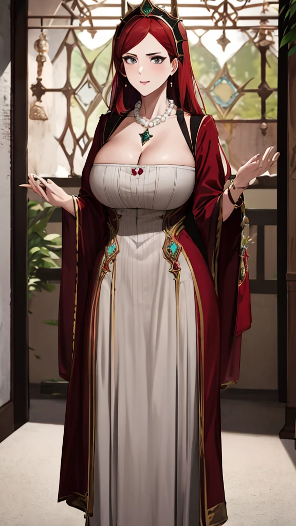 Hilda, 1girl, large_breasts, jewelry, red_hair, solo, long_hair, necklace, cleavage, grey_eyes, dress, standing,