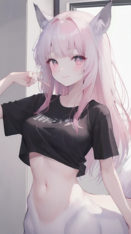 (best quality, masterpiece), 1 girl, centaur, It takes, White skin, Korean ,daughter, black pink,Smiling, exposing the abdomen, belly button t-shirt , 아름다운 소녀 perfect wolf photo, perfect wolf photo