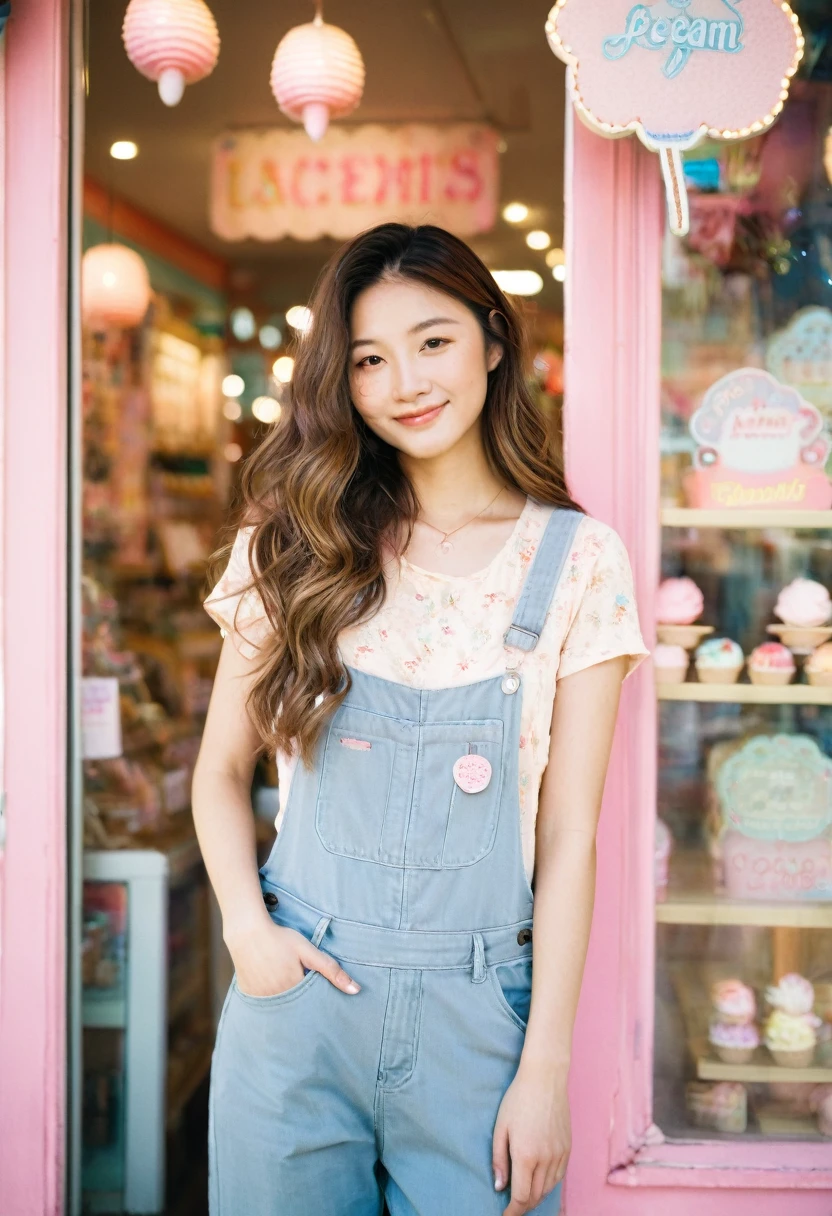 A captivating portrait photograph of a young Korean woman, standing proudly in front of a vibrant ice cream shop with pastel-colored walls and whimsical decorations. Her long, wavy brown hair complements her casual yet stylish outfit: faded denim overalls with a "Anonymous" patch and an embroidered pink elephant. Her radiant smile lights up the scene, while the background, adorned with framed pictures, exudes a soft and dreamy atmosphere through a bokeh effect. The natural and bright daylight illuminates both the shop and the subject, highlighting the woman's expressive face and unique sense of style., portrait photography