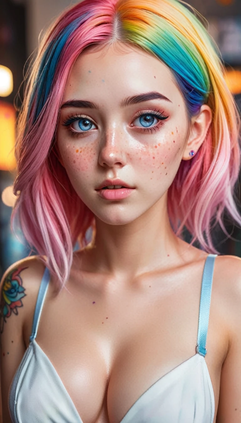 ((ultra detailed)),((Bright eyes)), (Detailed eyes), 8k, blink blink, (The Little Faux Freckles Makeupgirl), ((realistic skin)), ((focus detailed 2 straps on the shoulders of dress)) , ((shiny white facial skin)), with colorful hair and a colorful dress, rossdraws pastel vibrant, rossdraws cartoon vibrant, style anime 8k, beautiful portrait, artgerm colorful!!!, ! dream artgerm, beautiful anime girl, styled digital art, art wallpaper 8k, digital art, extremely detailed artgerm,((( face tattoos, breast )))