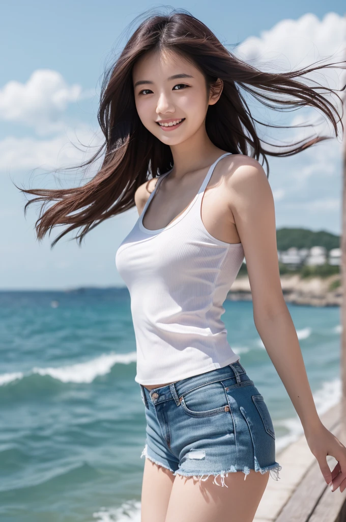 (8k, RAW photo, best quality, masterpiece:1.2), (realistic, photo-realistic:1.4), (extremely detailed 8k wallpaper), Japanese 20 age woman, She is wearing a white tank top and jean shorts,The background is the sea,her hair is blowing in the wind,she is smiling,bob hair