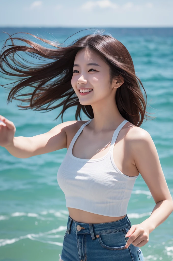 (8k, RAW photo, best quality, masterpiece:1.2), (realistic, photo-realistic:1.4), (extremely detailed 8k wallpaper), Japanese 20 age woman, She is wearing a white tank top and jean shorts,The background is the sea,her hair is blowing in the wind,she is smiling,bob hair
