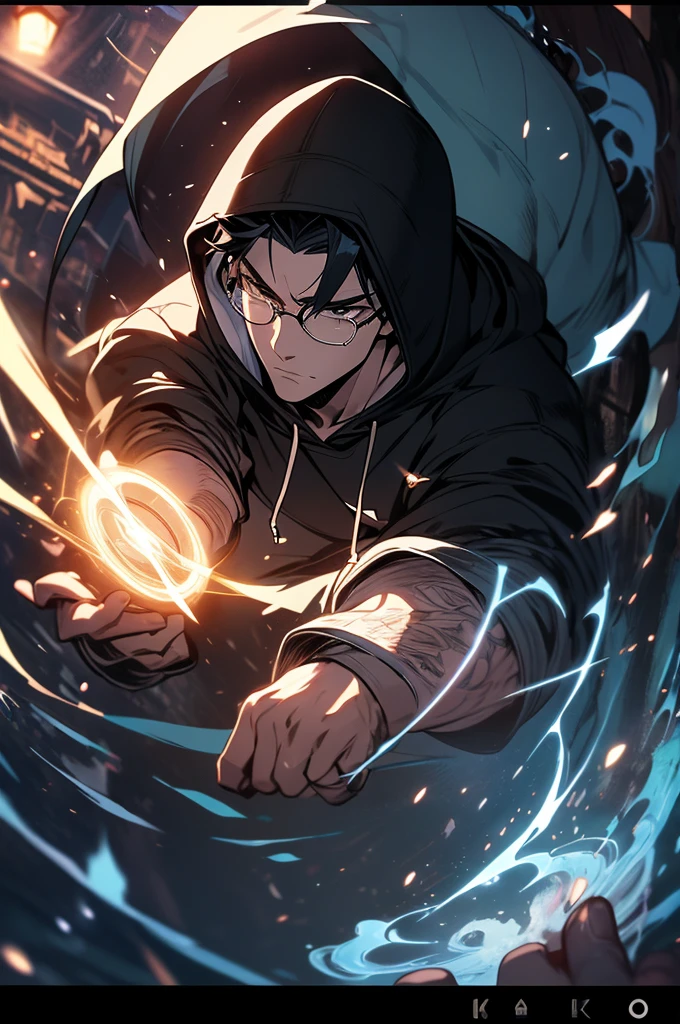 anime, a man with glasses and a hoodie in a circle of light, black - haired mage, young shadow mage male, anime wallaper, 4k anime wallpaper, 4 k manga wallpaper, hd anime wallaper, handsome guy in demon slayer art, by Yang J, anime wallpaper 4 k, anime wallpaper 4k, he is casting a lighting spell