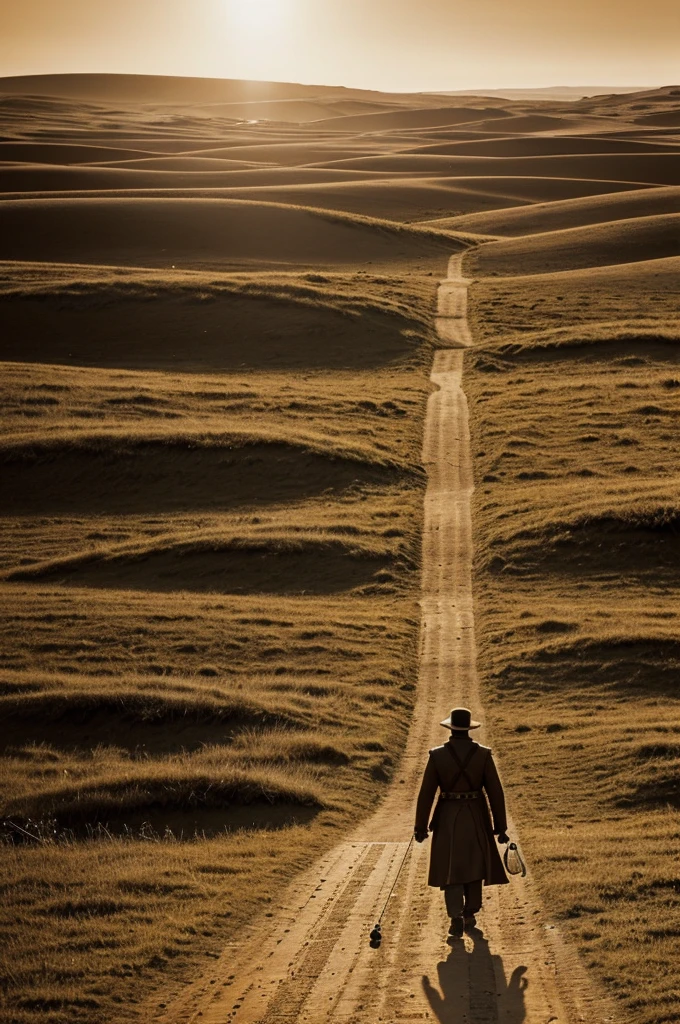 "Walking into the past: a lone figure walks along an ancient path, surrounded by pocket watches and hourglasses suspended in the air, each one marking a different era. Colors change from vibrant to sepia, symbolizing the transition between times. The shadows of historical moments fade on the horizon, inviting the viewer on a nostalgic journey through the ages."