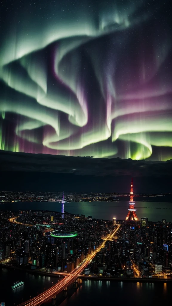 photorealistic , Christian Lassen's style , The sky is filled with dynamic, vibrant auroras , night scene of Tokyo Tower, shot by a drone in 2K quality using Starvis technology , The detailed and realistic cityscape sparkles with vivid lights, The sky is filled with dynamic, vibrant auroras, and a majestic, (intricately detailed unicorn) gracefully gallops through the air, adding a fantastical touch to the scene. The colors and contrast are enhanced to create a more vivid and beautiful image.