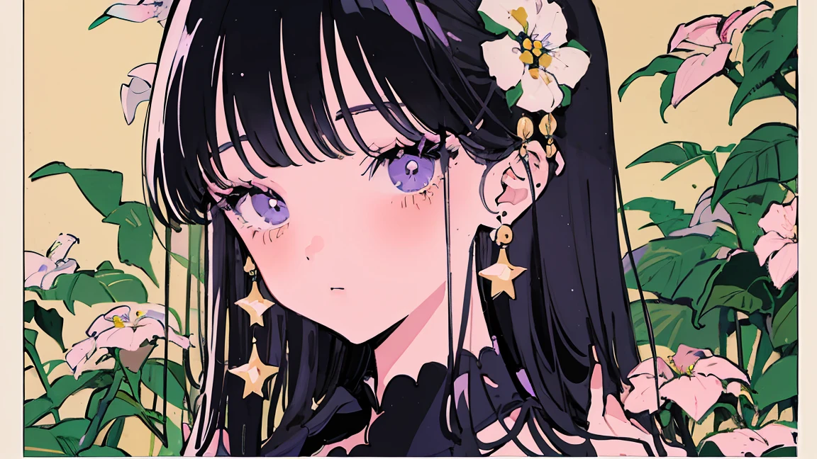 (Highest quality:0.8)、(Highest quality:0.8)、Super detailed、Analog illustration、Koto Tsumi \(style\)、masterpiece、Highest quality、Close-up portrait of a woman、1990、Comic Strip、Art illustration、Retro Pop、Black Hair、Long eyelashes、Purple Dress、Emerald Earrings、Picking flowers in a starry garden