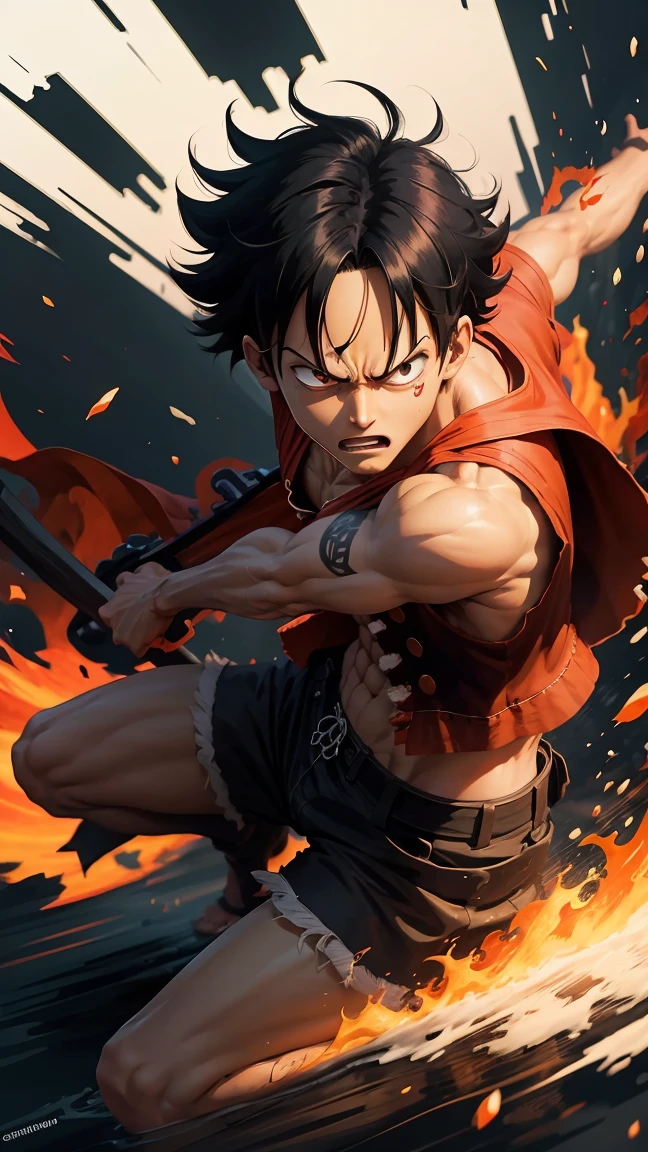 The wallpaper features Luffy from One Piece in an intense action pose. The background is a gradient of deep black transitioning to a vivid red. Luffy's iconic straw hat casts a shadow over his determined eyes, giving him a fierce look. His red vest stands out against the dark background, while the details of his muscles and determined expression are highlighted with bold, black lines. The black and red colors blend seamlessly to emphasize the dynamic energy and spirit of Luffy.

You can use this description to guide the creation of your wallpaper.