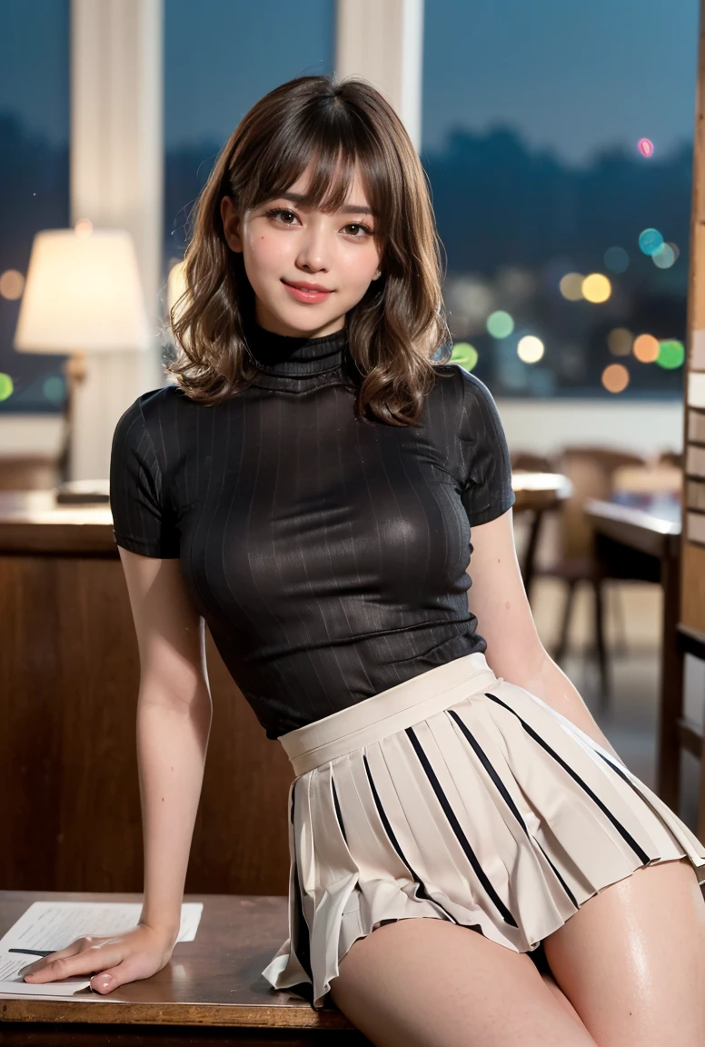 (((neat woman, perverted:1.9,dressed up,deep make up:1.8,touch own nipples over clothes:1.9,little pussy juice:1.9))),(((sitting on the desk,kind big smile:1.8,blush:1.8,deep cheek:1.8))),please touch me,eat me,tempting viewer,i want you))),(((blush,blush,deep cheek,deep cheek)))),(cinematic lighting), (Photo real:1.4)、(A hyper-realistic:1.4)、(Photorealistic:1.3)、 (gentle lighting: 1.05)、(Improve the lighting quality of your video:0.9)、 32k、25years old woman、photorealistic lighting、Back lighting、Facial Lights、Ray Trace、(bright:1.2)、(Increase quality:1.4)、 (best quality real texture skin)、Fair eyes,delicate face、 Close-up of the face, ((((Wearing the tight black striped t-shirts,high-neck,pleated skirt,high-heel:1.4))),(Bodyline mood improvement:1.1)、Glossy skin、good figure,perfect anatomy,Beautiful actress,(((beautiful huge soft breasts:1.8,slender waist,slender hip,long slender legs,8heads tall))),(((8heads tall))),(((brown wavy midium hair,bangs))),(((sweat skin,shiny skin,in the beautiful library,super clean night view,in the night))),