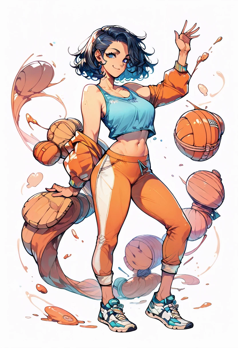 Score_9, Score_8_up, Score_7_up, 1 girl, black hair, blue eyes, curvy figure, smile, blue tank top, orange yoga pants, belly button, big bust, sneakers, standing, simple background, White background,