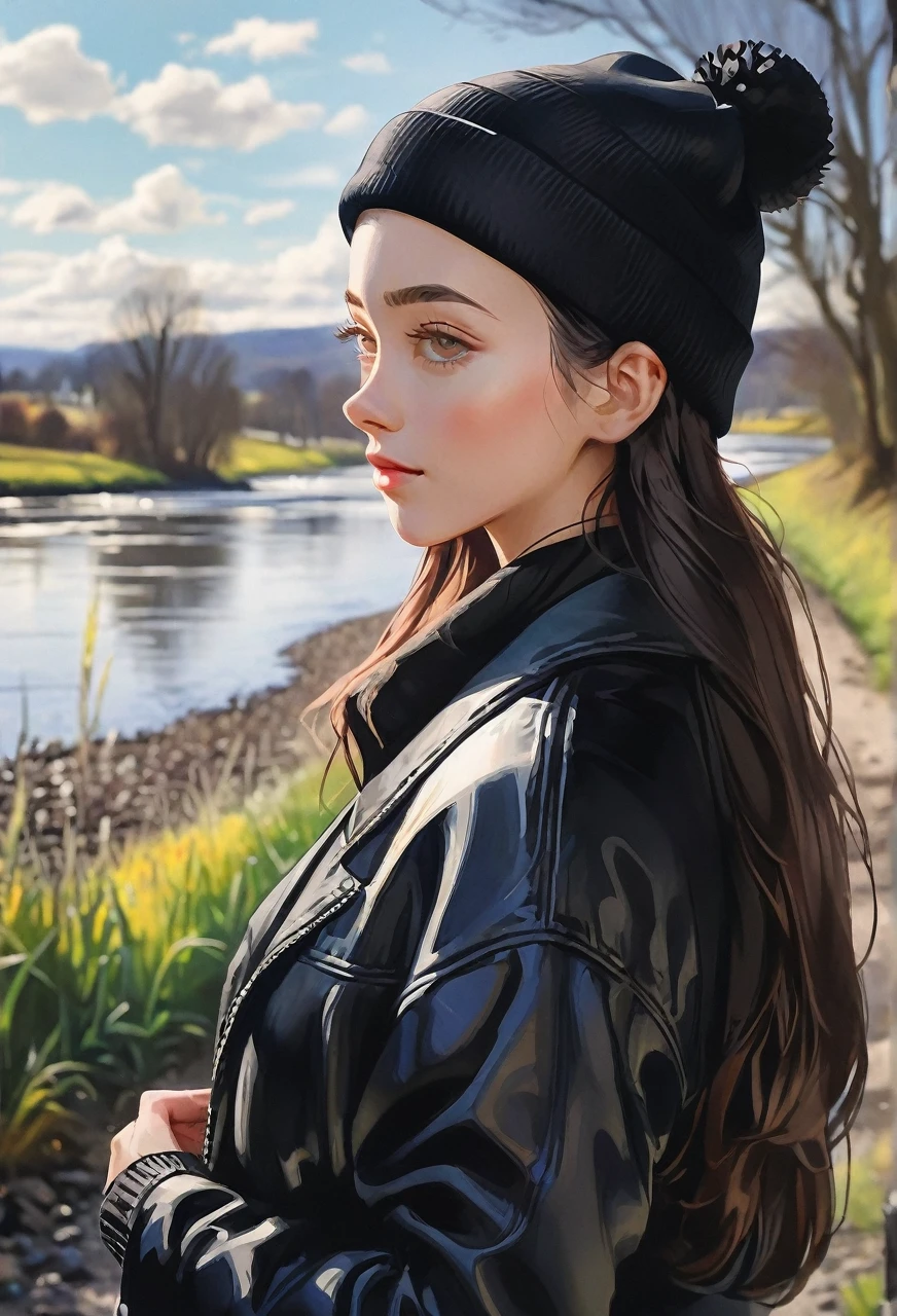 Walking river bank, loose black jacket, perfect hands, high detail, high quality, best detail, perfect irises, beanie, hipster, adult female, beanie, calm demeanor