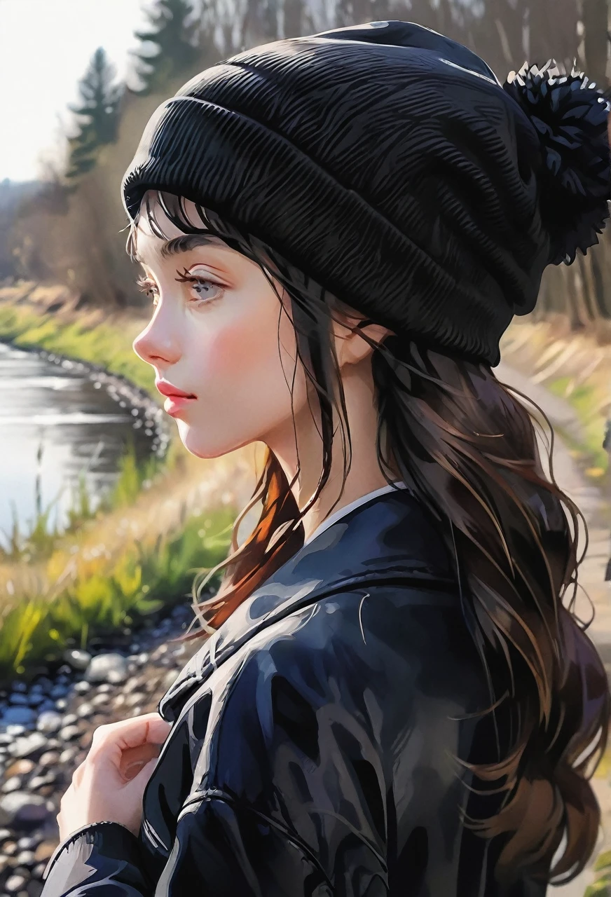 Walking river bank, loose black jacket, perfect hands, high detail, high quality, best detail, perfect irises, beanie, hipster, adult female, beanie, calm demeanor