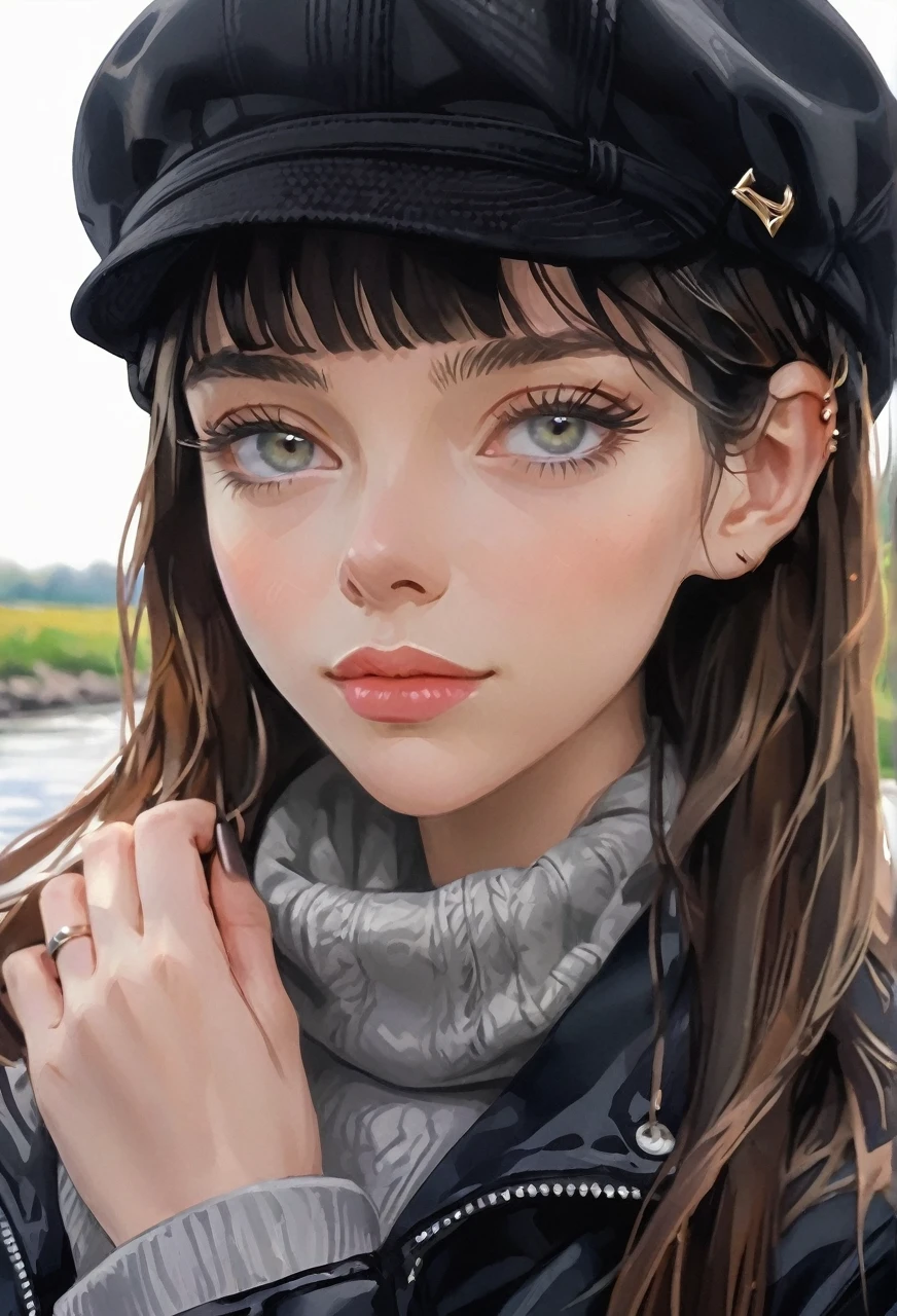 Walking river bank, loose black jacket, perfect hands, high detail, high quality, best detail, perfect irises, beanie, hipster, adult female, beanie, calm demeanor