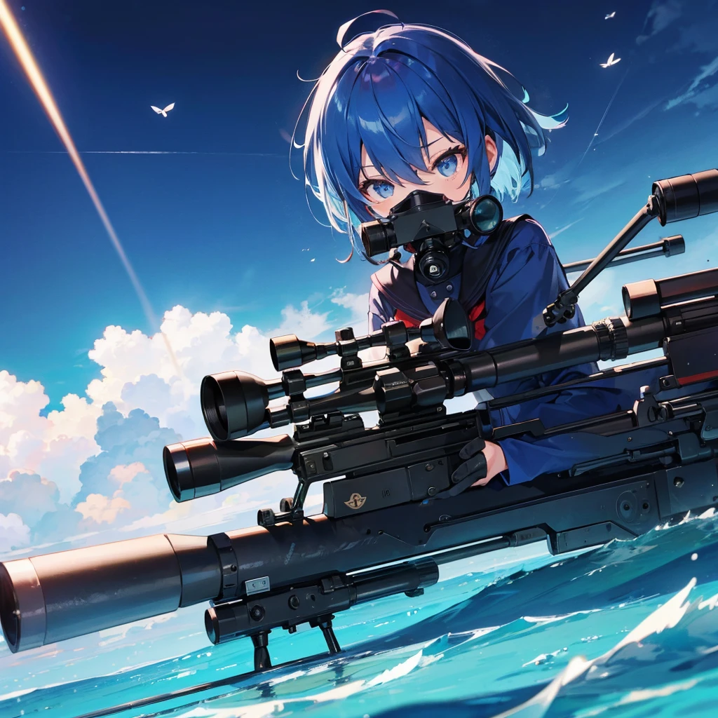 (((((With a sniper rifle Shining muzzle))))) ((((Looking through the scope Woman profile Hair fluttering)))) ((Blue Hair Short Hair Black socks Sailor suit))) ((Shining Edge Shining Background Rooftop)) (Rolling Pebbles)