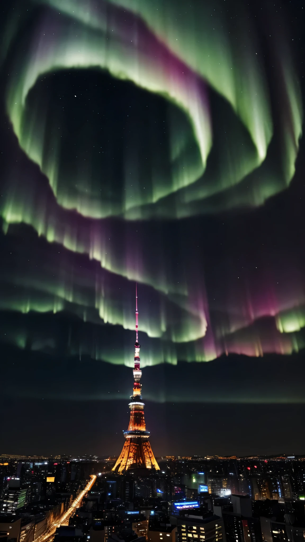 photorealistic , Christian Lassen's style , The sky is filled with dynamic, vibrant auroras , night scene of Tokyo Tower, shot by a drone in 2K quality using Starvis technology , The detailed and realistic cityscape sparkles with vivid lights, The sky is filled with dynamic, vibrant auroras, and a majestic, intricately detailed unicorn gracefully gallops through the air, adding a fantastical touch to the scene. The colors and contrast are enhanced to create a more vivid and beautiful image.