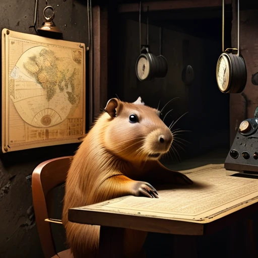 40s,The underground used a telegraph machine to send messages in a dark tunnel,Female spy cute capybara wearing headphones,underground combat headquarters,Old map hanging on the wall,