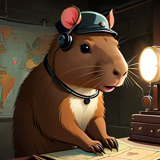 40s，The underground  used a telegraph machine to send messages in a dark tunnel，Female spy cute capybara wearing headphones，underground combat headquarters，Old map hanging on the wall，