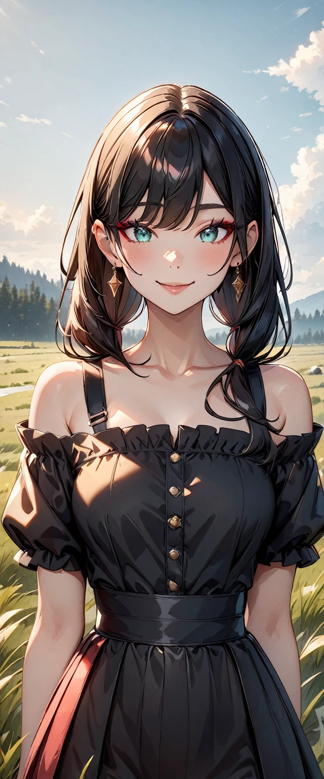 Photo of a woman with natural skin, grassland, Upper Body, Smiling, High Twintails, Black hair with red mesh, Sharp eyes with red eyeshadow, Blue-green eyes, Shining eyes, A thin, upturned nose, Well-shaped lips, ((Black off-the-shoulder dress, Thin shoulder straps)), barefoot, Makeup, Exquisitely crafted with the utmost attention to detail, Vibrant, amazing, Smooth, Cinematic, 4K, Backlight, ((綺麗な星空が見える広いgrassland)), Shallow depth of field, ((Detailed eyes:1.3, Detailed lips:1.3, high quality, )), masterpiece, Super detailed images, High quality