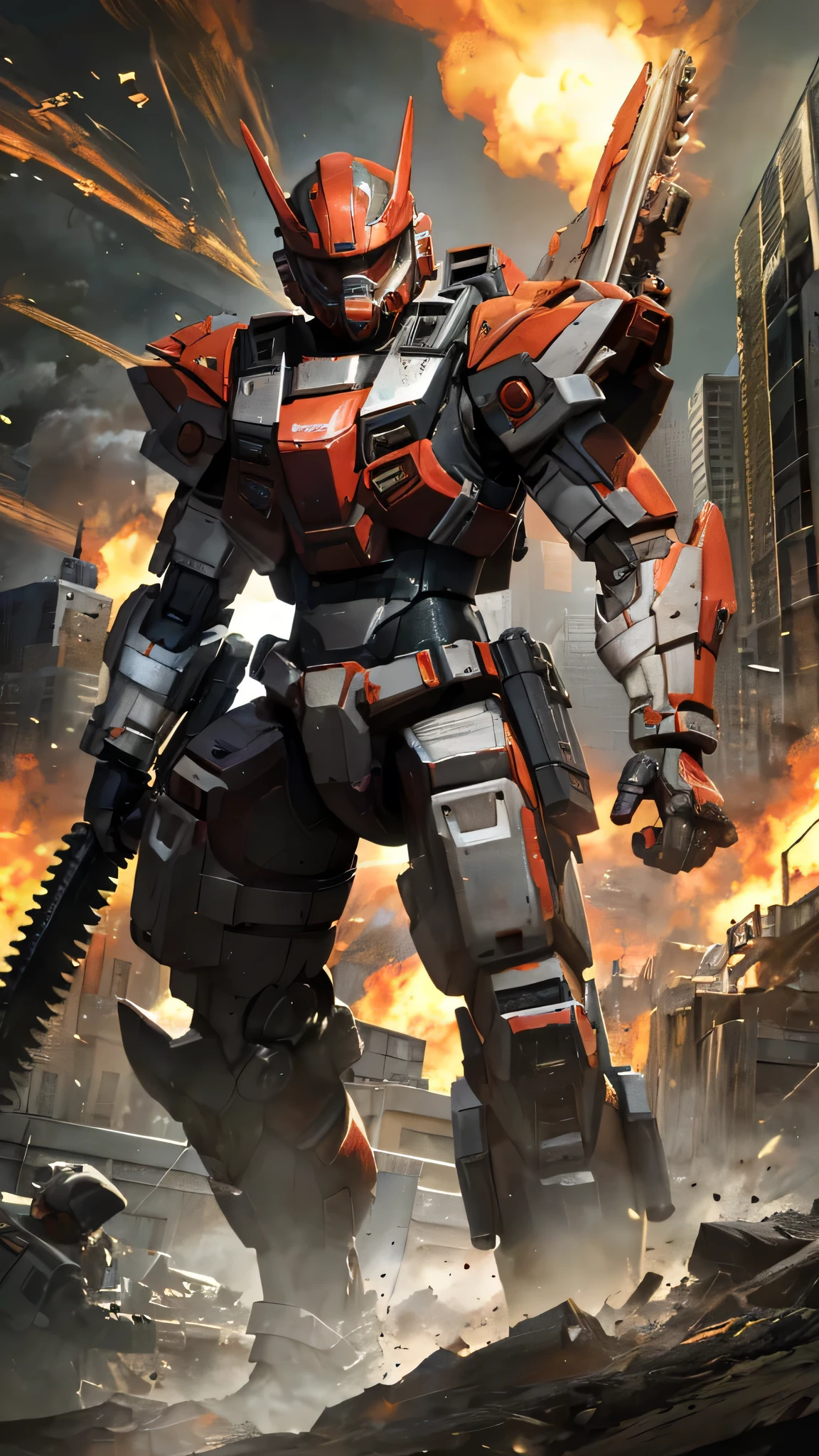 最high quality、Best image quality、masterpiece、Giant Mecha((humanoid、Railgun、Bulletproof vest、Jetpack、Red visor、Run、Chainsaw,Covered in scars,gas mask、Black color))high quality、Beautiful art、background((City、explosion、Smokescreen)),Tabletop、Exquisite design、Visual Arts、Written boundary depth、Best lighting、The finest details、8k