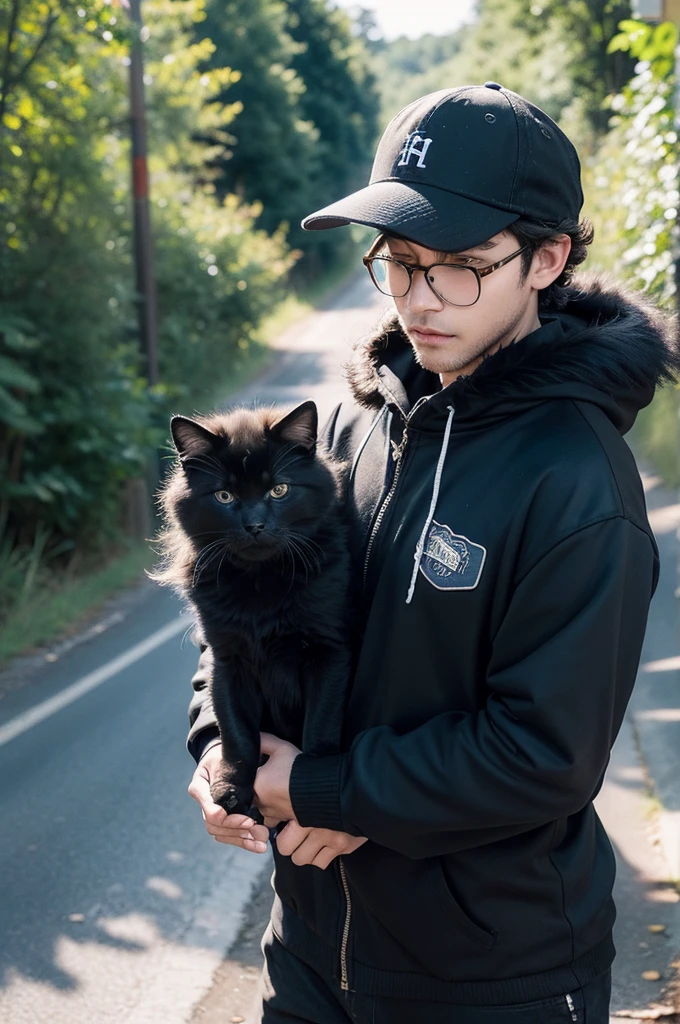 1 Boy, anthropology, Canines, dog,male, Cat ears, curly_hair, Black_fur, Brown_fur glasses, send_mailman, baseball_cap, Walking on a country road, Delivering packages, tired, blue_,