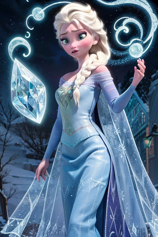 Elsa, frozen, cabelos compridos, cabelos brancos, olhos azuis, olhos azuis claros, vestido azul, cenário de neve, sem dedos extras, arte de corpo interio, UHD, retina, masterpiece, accurate, anatomically correct, textured skin, super detail, high details, high quality, award winning, best quality, 1080P