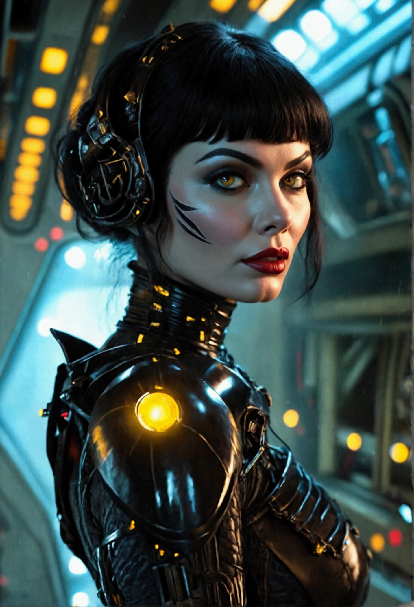 Jayne Mansfield, age 25, dark sith warrior, evil tattoos, yellow eyes, cybernetics, evil pose, exiting a sith space fighter, shuttle bay, full body portrait, show her from head to toe, show all of her, show her entire body(best quality,4k,8k,highres,masterpiece:1.2),ultra-detailed,(realistic,photorealistic,photo-realistic:1.37),cinematic lighting,dramatic lighting,chiaroscuro,dark moody atmosphere,sinister,menacing,evil,powerful,imposing,dramatic,epic