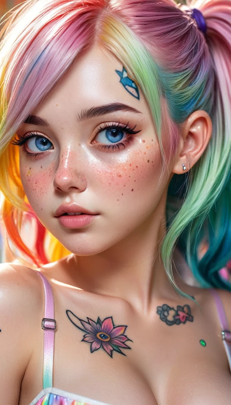 ((ultra detailed)),((Bright eyes)), (Detailed eyes), 8k, blink blink, (The Little Faux Freckles Makeupgirl), ((realistic skin)), ((focus detailed 2 straps on the shoulders of dress)) , ((shiny white facial skin)), with colorful hair and a colorful dress, rossdraws pastel vibrant, rossdraws cartoon vibrant, style anime 8k, beautiful portrait, artgerm colorful!!!, ! dream artgerm, beautiful anime girl, styled digital art, art wallpaper 8k, digital art, extremely detailed artgerm,((( face tattoos, breast )))