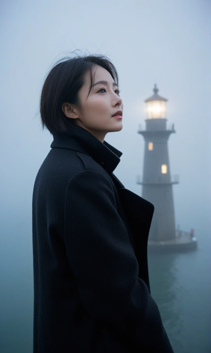 Beautiful 36-year-old Korean woman, Short hair, black coat, 멀리 Fog속 lighthouse, cool,rain,blur,Fog,middle,cool,boring,,pier,Only,lighthouse,Coast, The dim light shines in the Fog,and the figure stands in the Fog holding . Full body shot with Canon camera 16-35 wide angle lens, It&#39;s getting dark and it&#39;s a little dark.