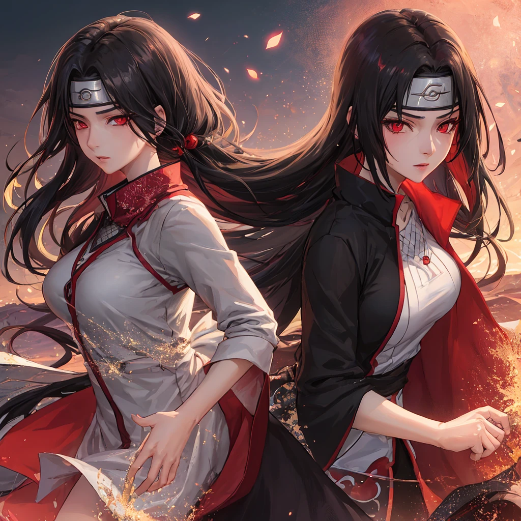 ((((like appearance)))), soothing tone, rim light, delicate eyes, bokeh background, high quality, woman itachi uchiha, ((gender bender)), red eyes, woman, alone, Konohagakure, long hair, Upper body, Sexy clothing, Tempting, Big breasts, ninja