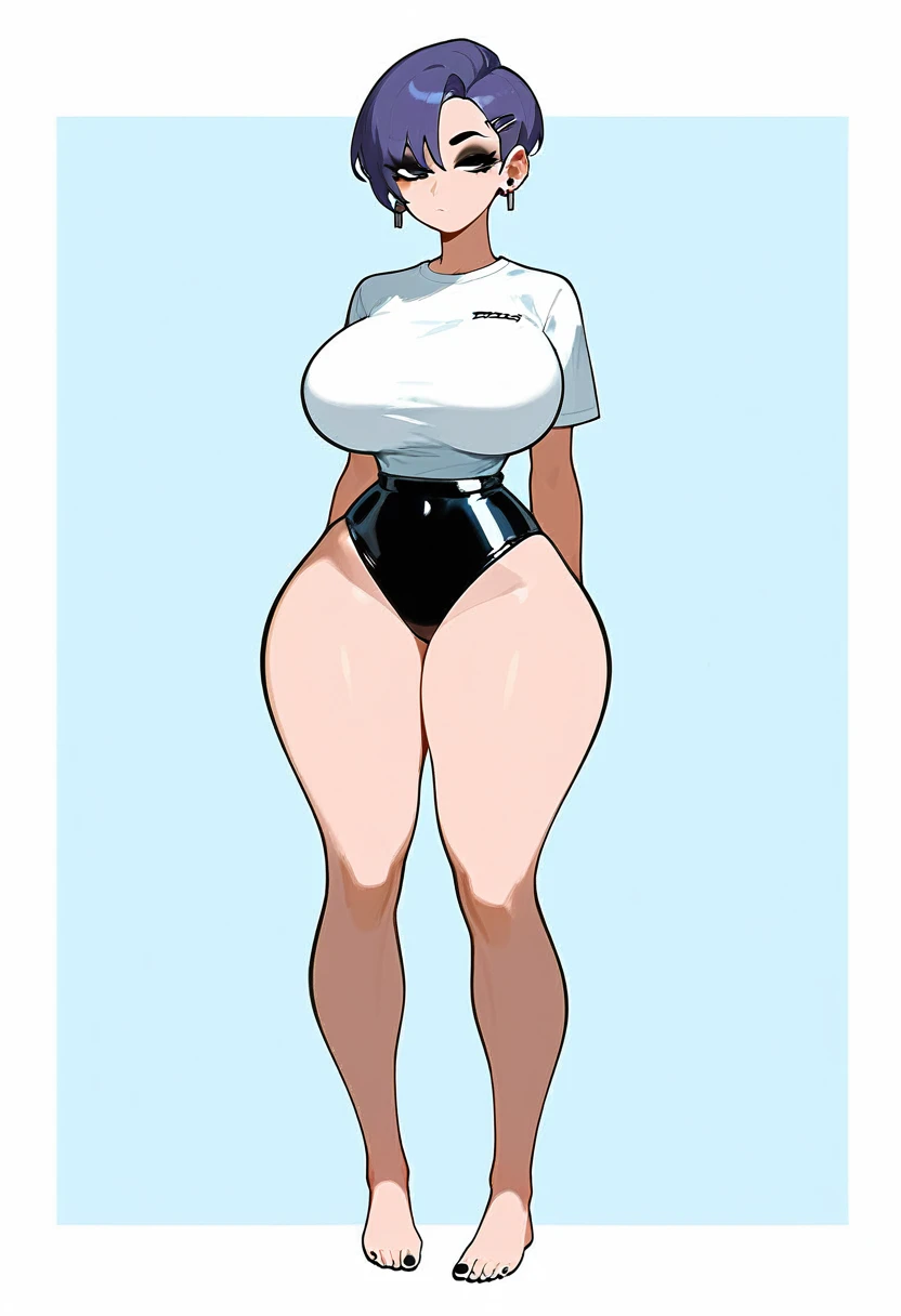 pale woman, short pixie cut purple hair, some hair on the back of her head, big earring, half lidded eyes, looking straight ahead, black eyeshadow, very massive huge breasts, very busty, small waist, wearing a very skin-tight white t-shirt, skin tight short sleeve, expressionless, wide hips, thick thighs, large thighs, black lounge shorts, thick legs, barefoot, tiny feet, nail polish, full body shown, standing, roommate
