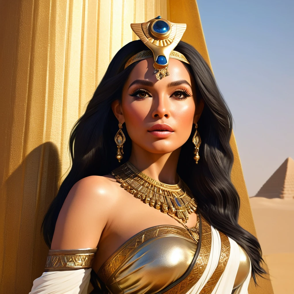 (bust:1.4), Low - Angle:1.4, Desert Princess, Beautiful woman with long black hair, Detailed face, Deep Eyes, ふっくらAnd唇, Wearing a gold crown, Detailed starry sky,Vast desert and the Sphinx, Dramatic lighting, A gorgeous column, rich fabric, (Highest quality,4K,8K,High resolution,masterpiece:1.2),Super detailed,(Realistic,photoRealistic,photo-Realistic:1.37),Intricate details,Cinema Lighting,Chiaroscuro,Dramatic Shadows,Warm color palette,Dramatic Pose, Beautiful Egyptian Queen,Hall々And,elegant,Majestic