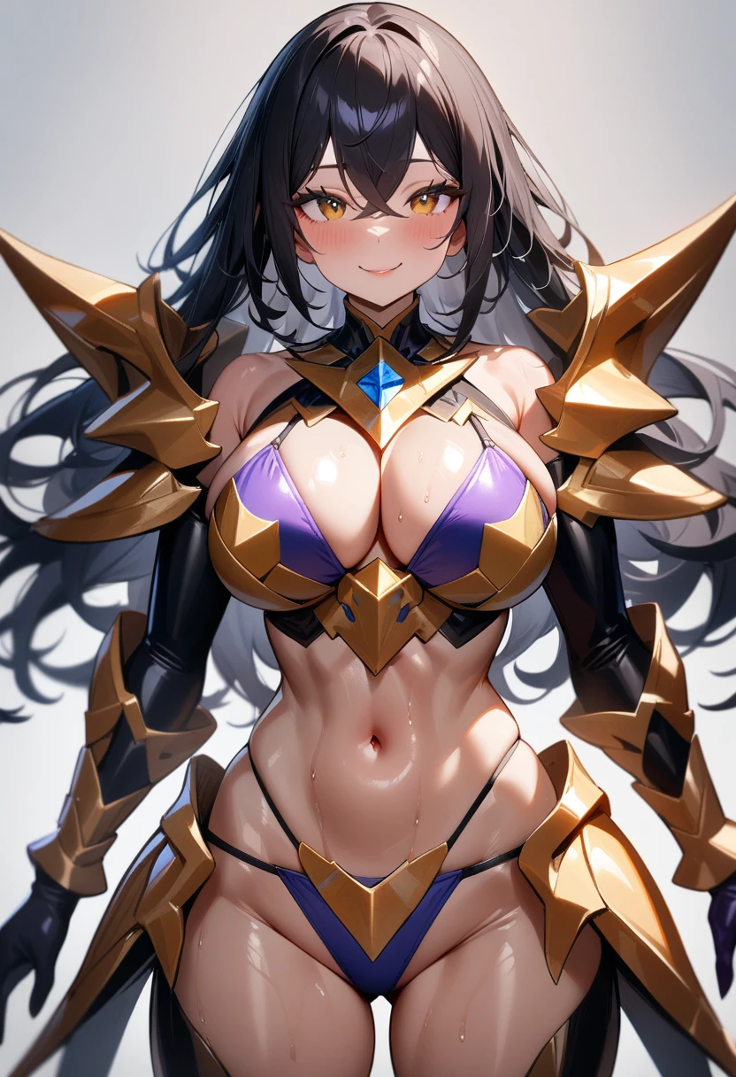 1girl,solo,super detailed skin,shiny skin,oily skin,natural face,small smile,eyelashes,gleaming lips,black hair,crossed bangs,silky hair ,large breasts , enchanted armor,unique and complex bikini,standing upright ,simple background,cowboy shot,masterpiece,best quality,ultra detailed,high resolution,sharp focus,depth of field