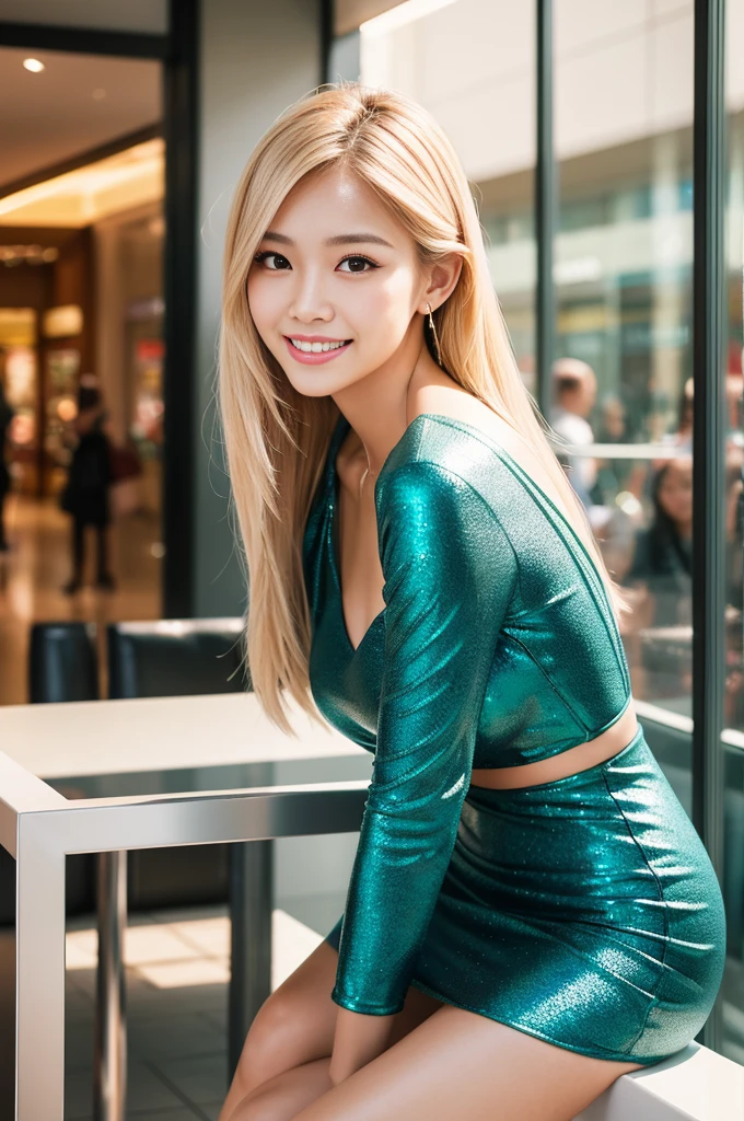 (best quality, 4k ,8k, highres, masterpiece:1.2), ultra-detailed, (realistic, photorealistic, photo-realistic:1.37), closeup, beautiful Thai woman, (slim girl), (happy smile), long lashes, beautiful makeup, platinum blonde hair, fair skin, slender figure, elegant posture, wearing large sparkling colorful jewelery, wearing a business style leather dress, standing in a large shopping mall, gentle sunlight shining through the shopping mall windows, casting a soft glow on her face, adding warmth to the scene, vibrant colors, capturing the essence of vibrant city life, portrait style, showcasing her natural beauty and grace in a feminine way