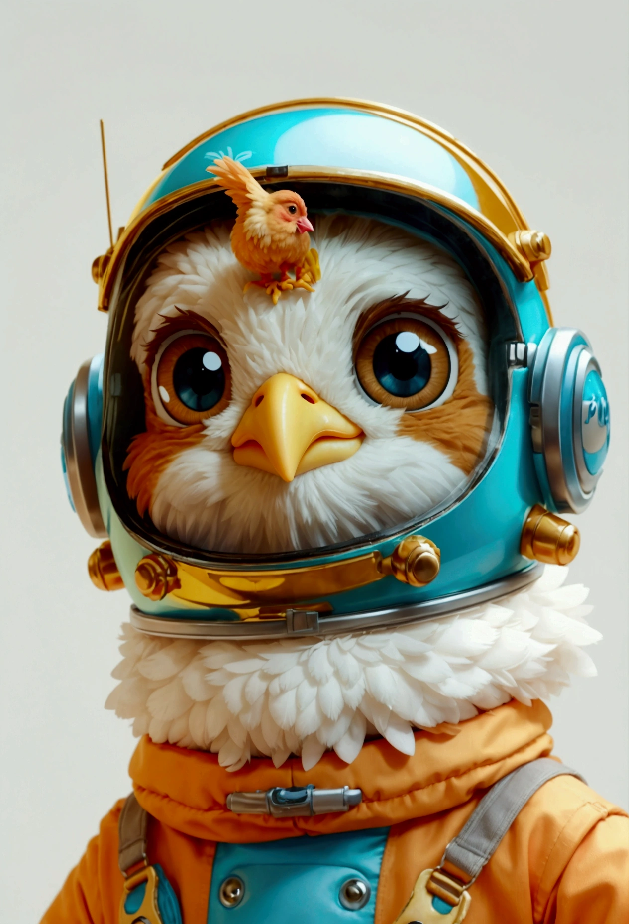 A happy and cute chicken with short hair, wearing a space costume, , White background, the , tom, Pixar-style, ....3d, Cartoon s, face detailed, asymmetric 16k