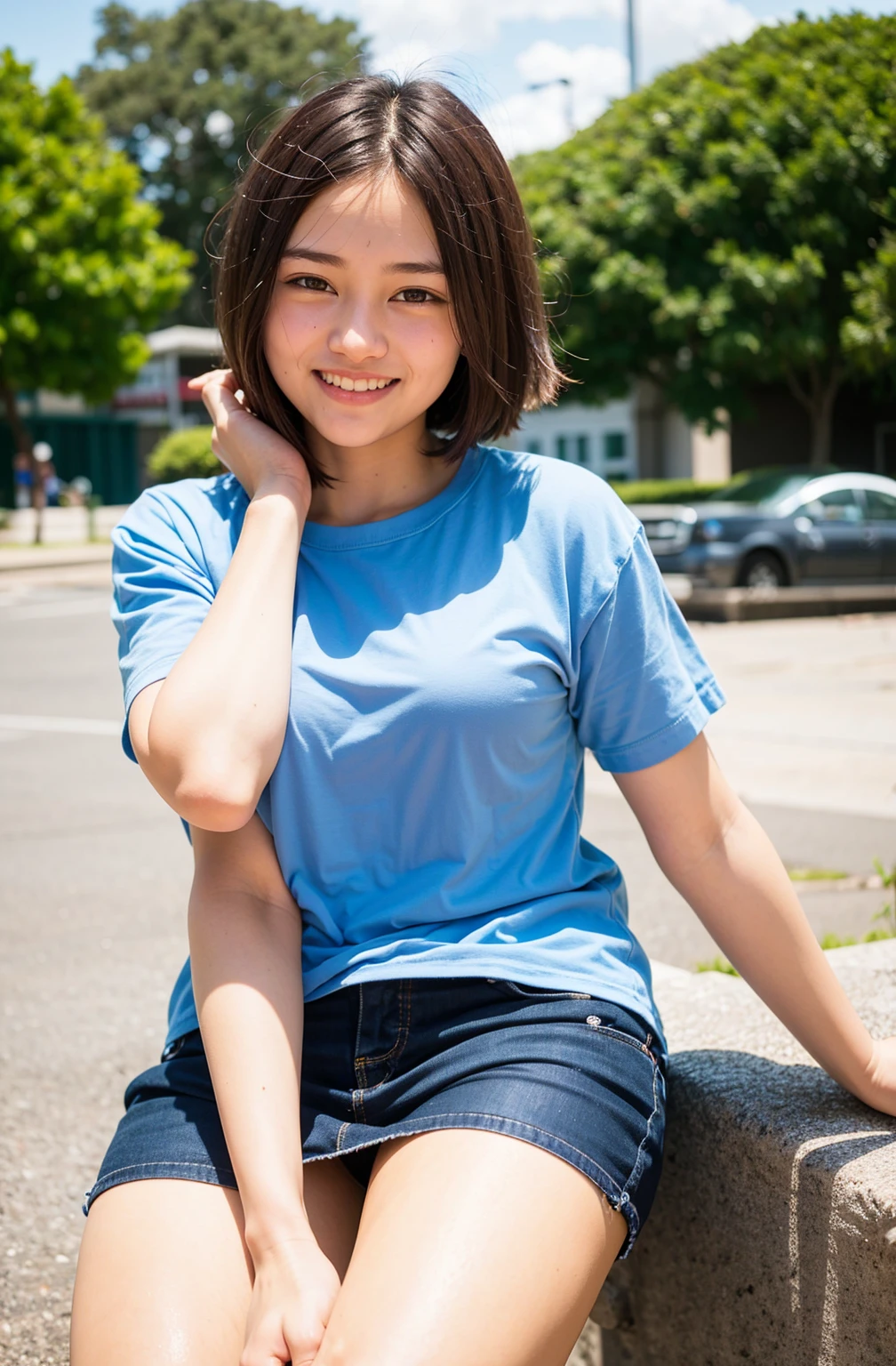 One Girl , , smile at the photographer, The eyes are brown, Tabletop, Highest quality,(detailed),(On top of that),high school student, Sailor, outside, On the way to school, (thin:1),, The wind is blowing, Sky blue beach,Dazzling sunlight,Short Hair