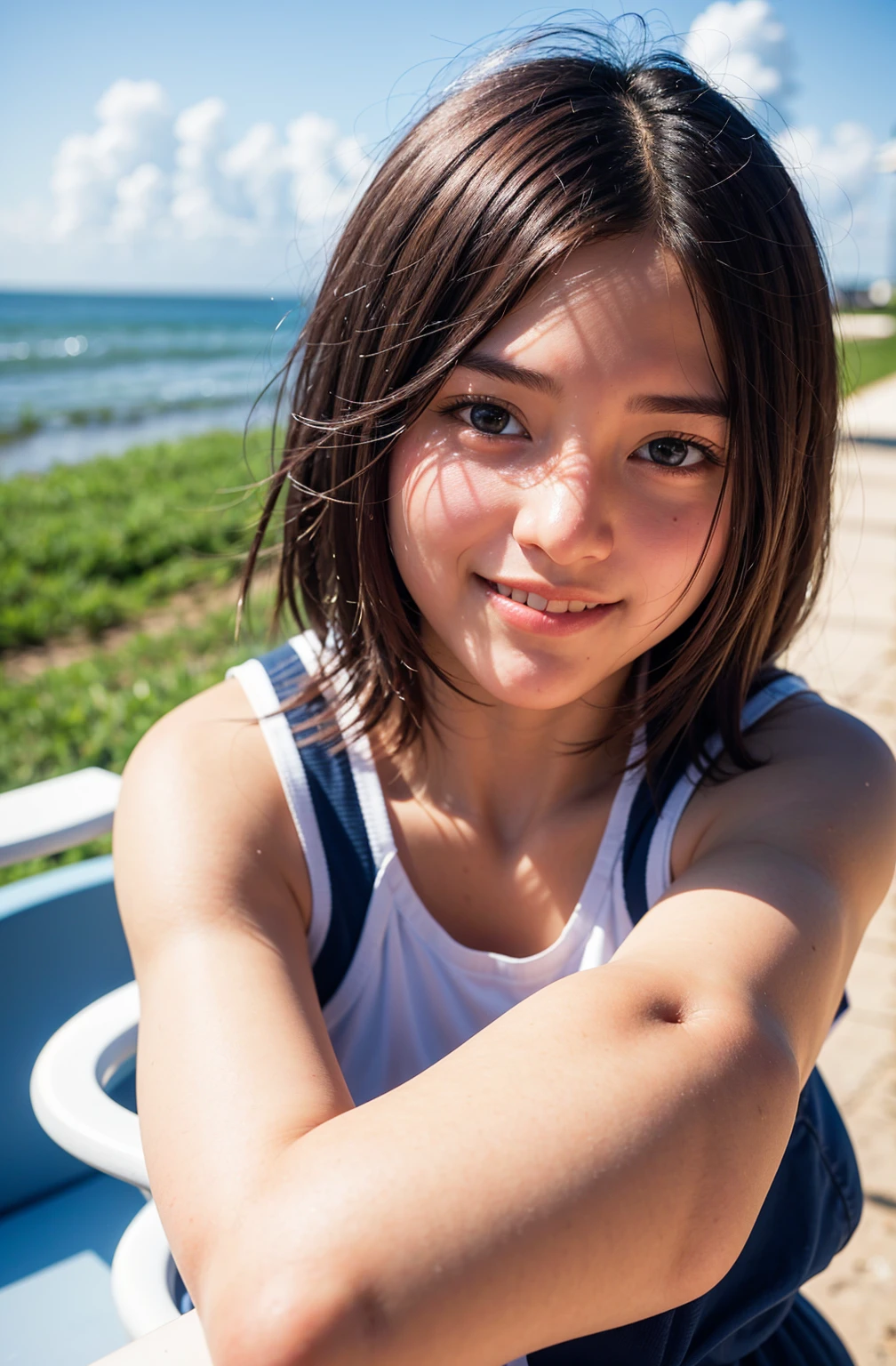 One Girl , 17 years old, smile at the photographer, The eyes are brown, Tabletop, Highest quality,(detailed),(On top of that),high school student, Sailor, outside, On the way to school, (thin:1),, The wind is blowing, Sky blue beach,Dazzling sunlight,Short Hair