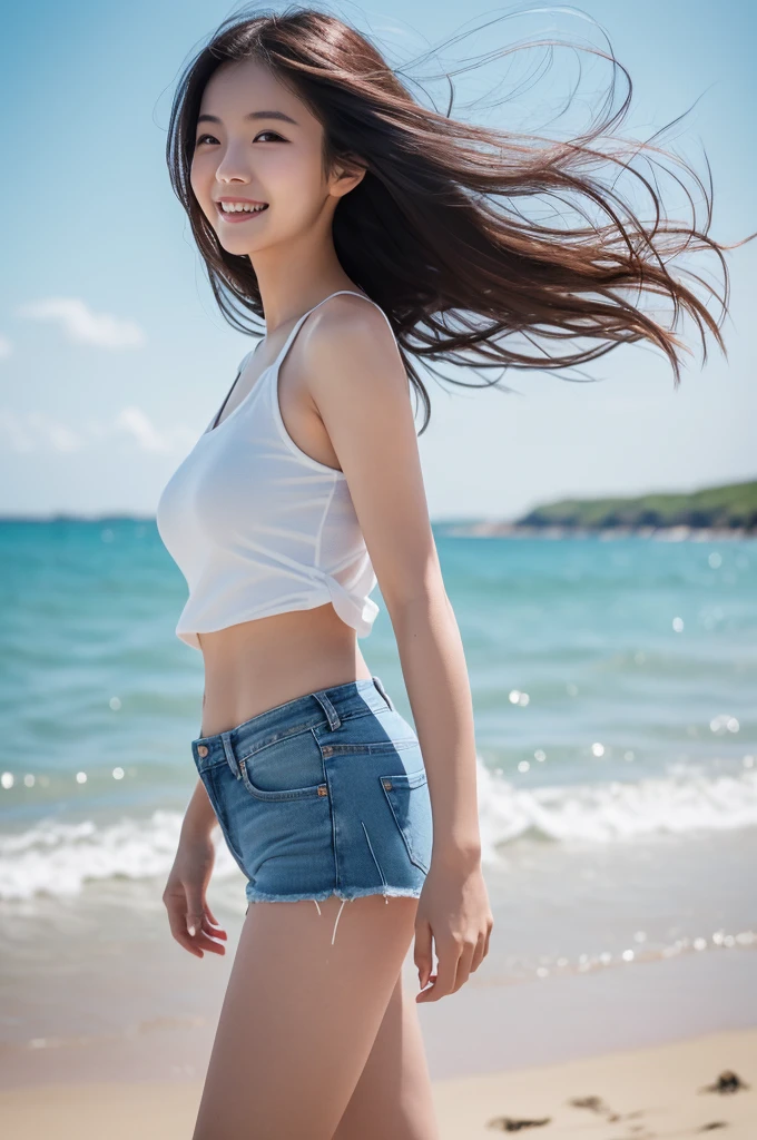 (8k, RAW photo, best quality, masterpiece:1.2), (realistic, photo-realistic:1.4), (extremely detailed 8k wallpaper), Japanese 20 age woman, She is wearing a white tank top and jean shorts,The background is the sea,her hair is blowing in the wind,she is smiling,bob hair,she is walking on the beach