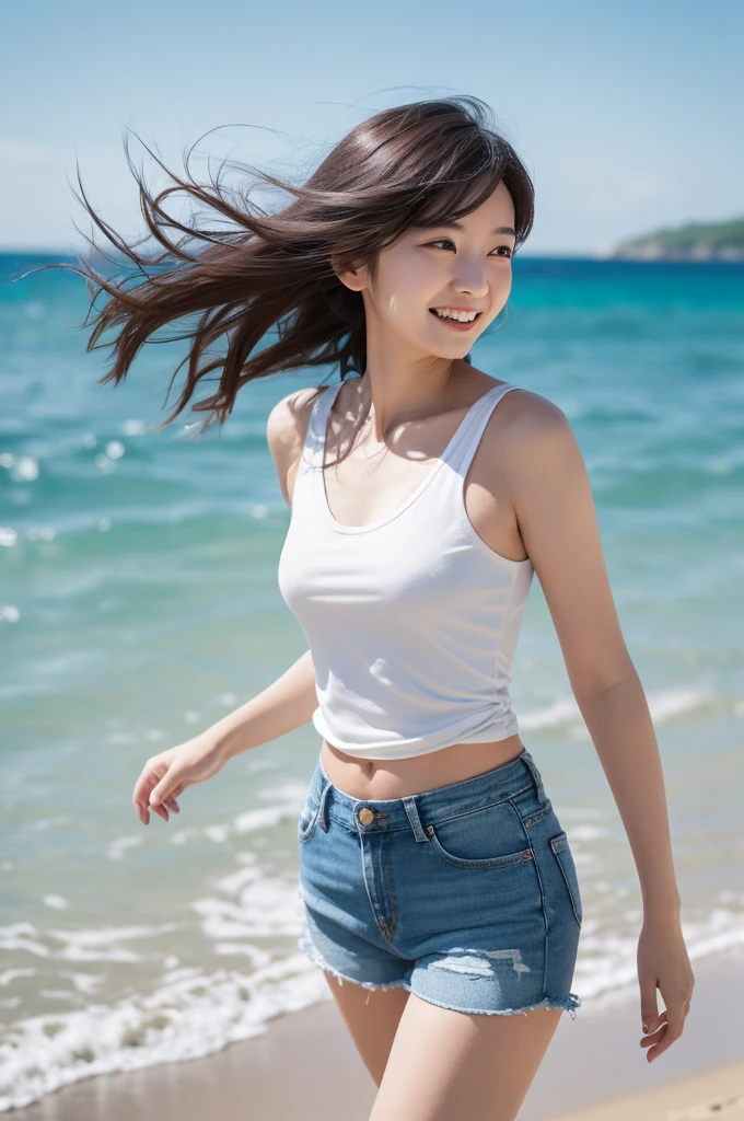 (8k, RAW photo, best quality, masterpiece:1.2), (realistic, photo-realistic:1.4), (extremely detailed 8k wallpaper), Japanese 20 age woman, She is wearing a white tank top and jean shorts,The background is the sea,her hair is blowing in the wind,she is smiling,bob hair,she is walking on the beach