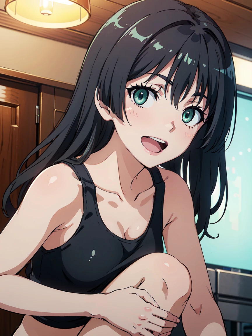 hug, (High resolution:1.4), (masutepiece:1.2), (High quality:1.3) 1girl, saten ruiko, green eyes, long hair, black hair, small breast, tank top, hot pants, cinematic lighting,  pov, dynamic angle, nsfw, open mouth, smile