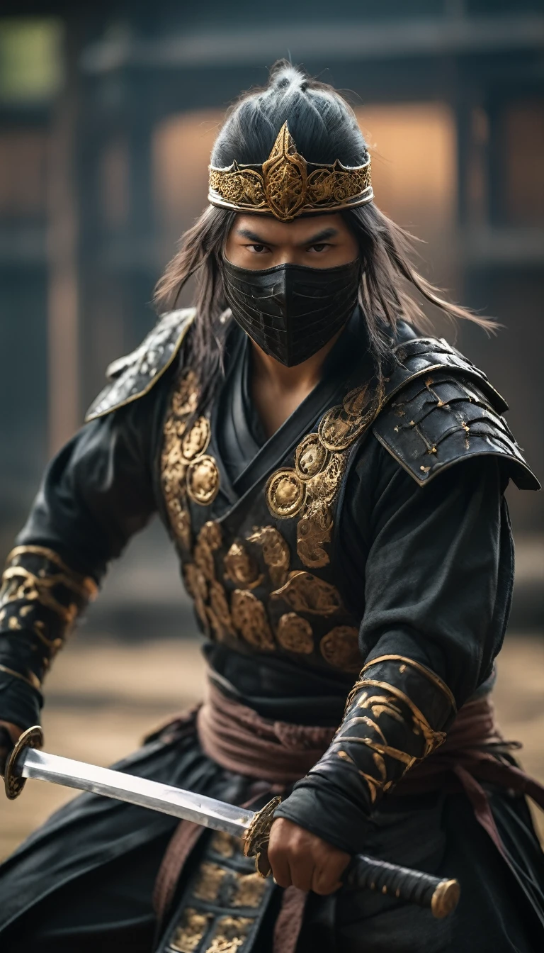 Strong, focused, fearless, stealthy, black ninja outfit, samurai sword, traditional armor, mask, piercing eyes, agile, battle atmosphere background, hyper realistic, ultra detailed hyper realistic, photorealistic, Studio Lighting, wearing a gold crown, reflections, dynamic pose, Cinematic, Color Grading, Photography, Shot on 50mm lens, Ultra-Wide Angle, Depth of Field, hyper-detailed, beautifully color, 8k