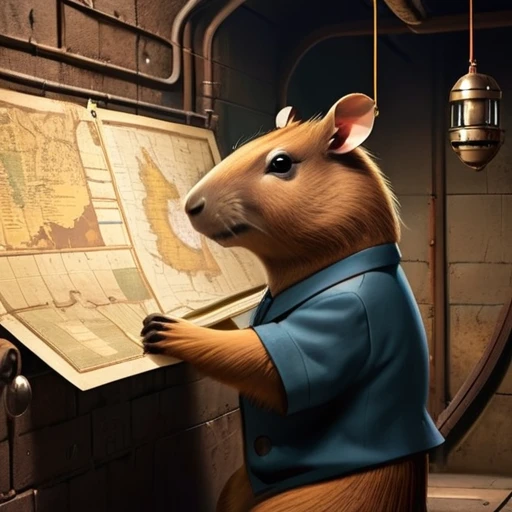 40s，The underground  used a telegraph machine to send messages in a dark tunnel，Female spy cute capybara wearing headphones，underground combat headquarters，Old map hanging on the wall，