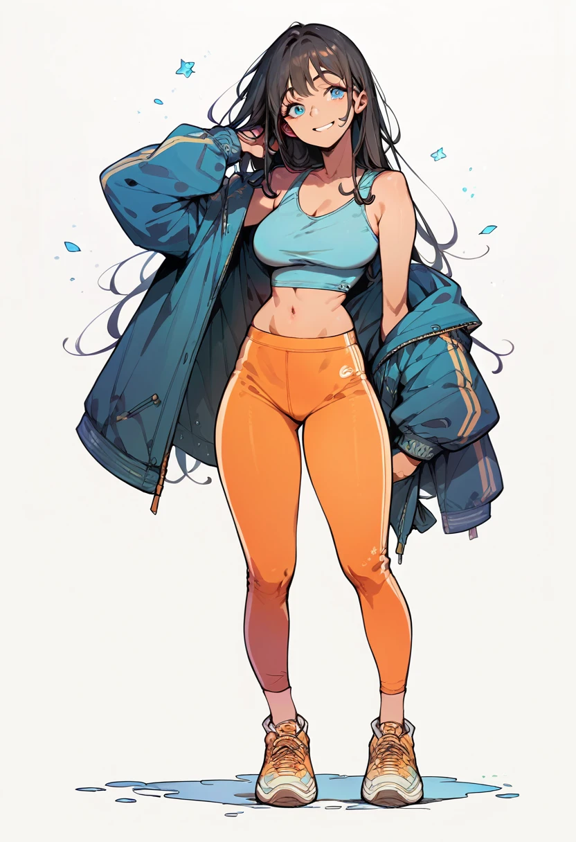 Score_9, Score_8_up, Score_7_up, 1 girl, black hair, blue eyes, curvy figure, smile, blue tank top, orange yoga pants, belly button, big bust, sneakers, standing, simple background, White background,