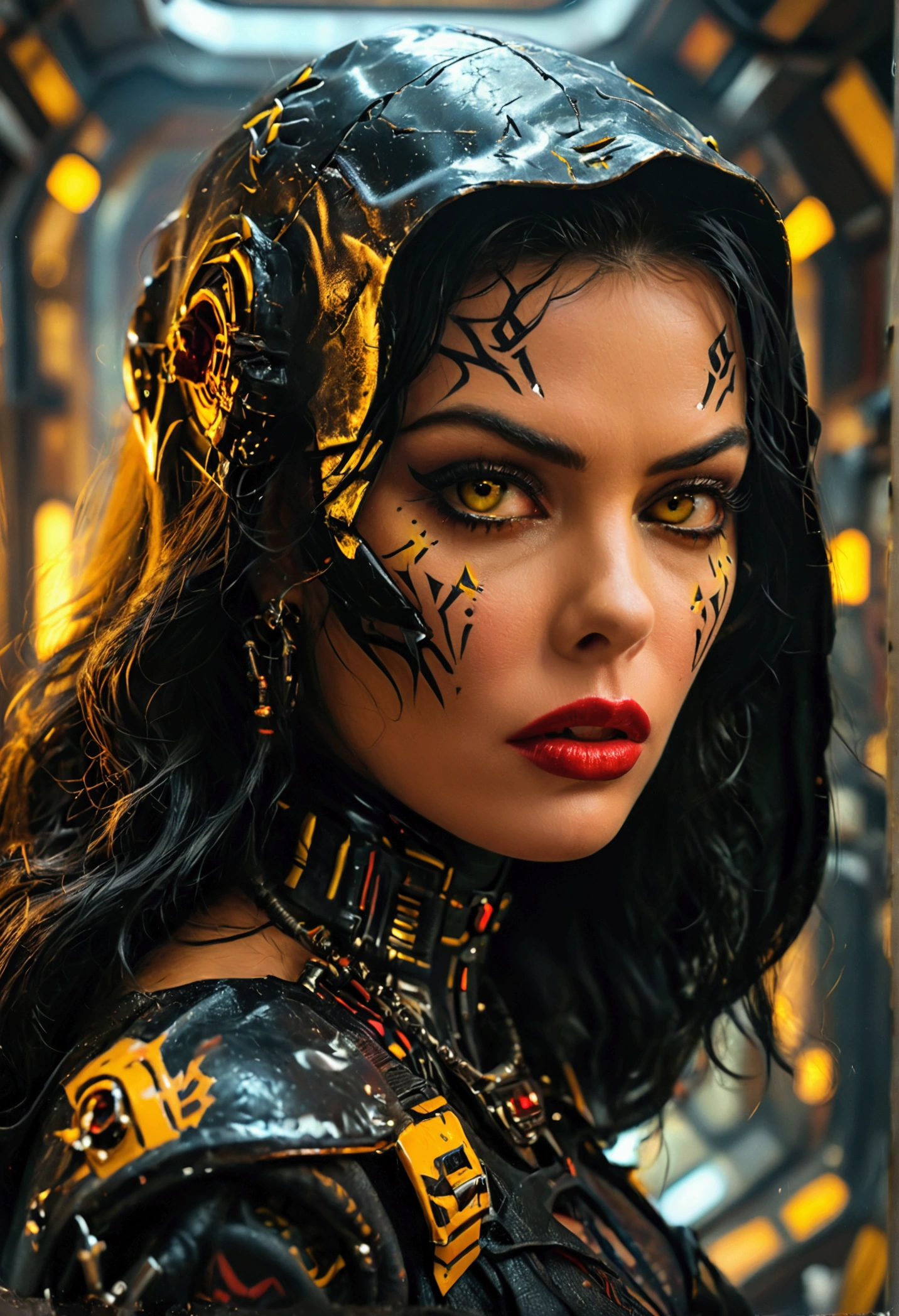 Jayne Mansfield, age 25, dark sith warrior, evil tattoos, yellow eyes, cybernetics, evil pose, exiting a sith space fighter, shuttle bay, full body portrait, show her from head to toe, show all of her, show her entire body(best quality,4k,8k,highres,masterpiece:1.2),ultra-detailed,(realistic,photorealistic,photo-realistic:1.37),cinematic lighting,dramatic lighting,chiaroscuro,dark moody atmosphere,sinister,menacing,evil,powerful,imposing,dramatic,epic